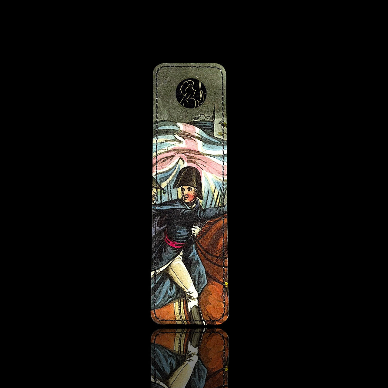 Handmade leather bookmark depicting the Duke of Wellington at the Battle of Waterloo.